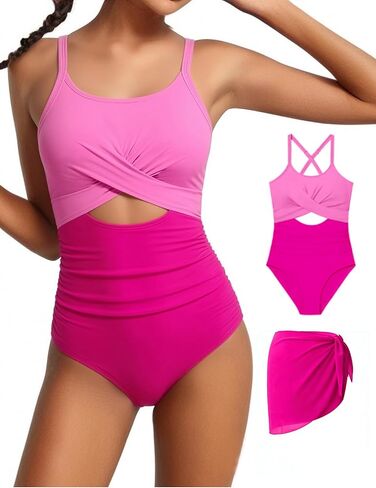 Girls Swimsuit One Piece Cutout Ruched Bathing Suit with Cover Up Skirt Adjustable Straps Pad Swimwear for Girls 9-16Y in Saudi Arabia