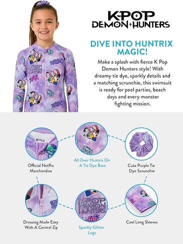 KPop Demon Hunters Girls Bathing Suit, Huntrix One Piece Girls Swimsuit, Kpop Kids Swimsuits with Scrunchie in Saudi Arabia