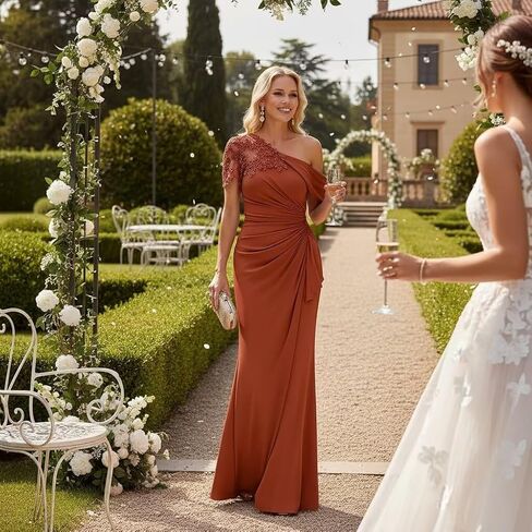 One Shoulder Mother of The Bride Dresses Mermaid Chiffon Lace Applique Long Pleated Formal Evening Dress WT017 in Saudi Arabia