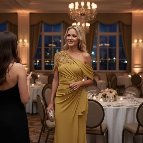 One Shoulder Mother of The Bride Dresses Mermaid Chiffon Lace Applique Long Pleated Formal Evening Dress WT017 in Saudi Arabia