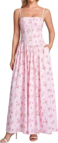 Women Floral Corset Maxi Dress Spaghetti Strap Lace Up Flowy A Line Wedding Guest Long Dress with Pockets in Kuwait