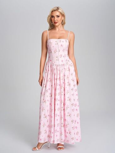 Women Floral Corset Maxi Dress Spaghetti Strap Lace Up Flowy A Line Wedding Guest Long Dress with Pockets in Kuwait