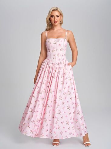 Women Floral Corset Maxi Dress Spaghetti Strap Lace Up Flowy A Line Wedding Guest Long Dress with Pockets in Kuwait