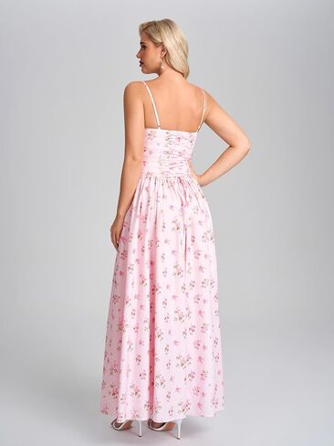Women Floral Corset Maxi Dress Spaghetti Strap Lace Up Flowy A Line Wedding Guest Long Dress with Pockets in Kuwait