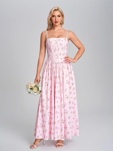 Women Floral Corset Maxi Dress Spaghetti Strap Lace Up Flowy A Line Wedding Guest Long Dress with Pockets in Kuwait