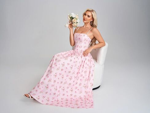 Women Floral Corset Maxi Dress Spaghetti Strap Lace Up Flowy A Line Wedding Guest Long Dress with Pockets in Kuwait
