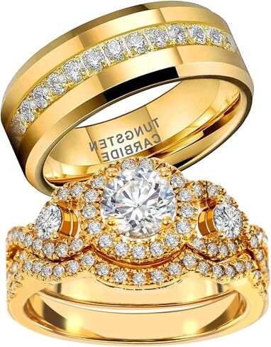 1CT Cubic Zirconia Wedding Ring Set for Women & Men Yellow Gold Plated Bridal Couple Rings Elegant Wedding Band in Saudi Arabia