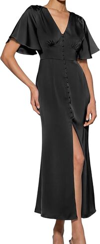 RIHOAS Women Satin Midi Dresses - V Neck Ruffled Formal Cocktail Party Wedding Guest Prom Date Night Dress for Women in Kuwait