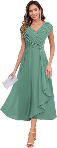 Cap Sleeve Mother of The Bride Dresses Chiffon Lace Applique Pleated Tea Length Formal Evening Dress for Women in Saudi Arabia