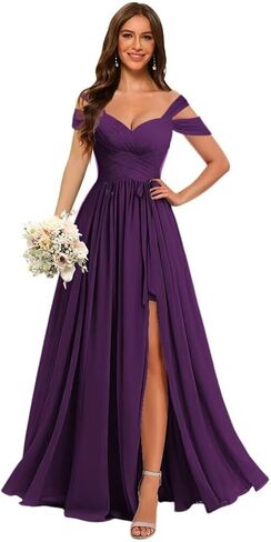 Women's Off Shoulder Bridesmaid Dress with Belt Chiffon Ruched Formal Evening Gowns YY004 in Saudi Arabia