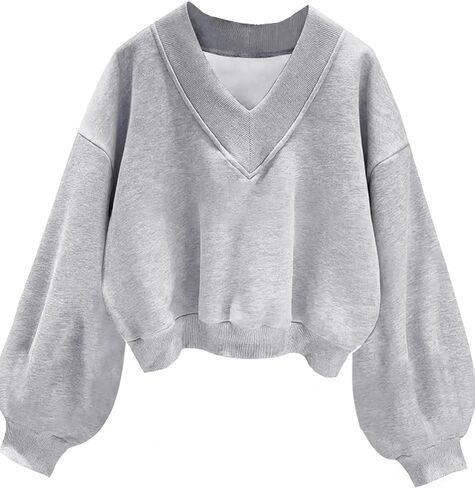Remidoo Cropped Sweatshirt For Women V Neck Sweatshirts Casual Fleece Pullover Long Sleeve Crop Top in Kuwait