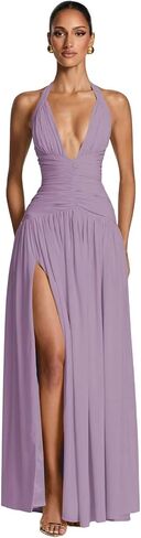 Halter Ruched Ruffles Prom Dress 2026 Deep V Neck Ruffles Evening Party Gowns with Slit ZU142 in Saudi Arabia