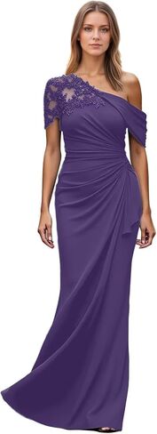 One Shoulder Mother of The Bride Dresses Mermaid Chiffon Lace Applique Long Pleated Formal Evening Dress WT017 in Saudi Arabia
