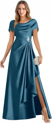 Satin Mother of The Bride Dresses Long Cape Sleeves Ruffle A Line Formal Evening Gowns with Slit WT022 in Saudi Arabia