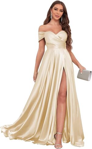 Women's Off Shoulder Bridesmaid Dresses for Wedding Satin Prom Dress Long Formal Gown with Slit in Saudi Arabia