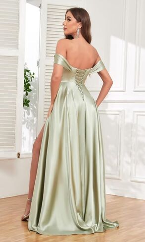Women's Off Shoulder Bridesmaid Dresses for Wedding Satin Prom Dress Long Formal Gown with Slit in Saudi Arabia