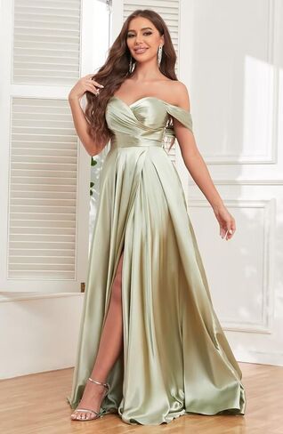 Women's Off Shoulder Bridesmaid Dresses for Wedding Satin Prom Dress Long Formal Gown with Slit in Saudi Arabia