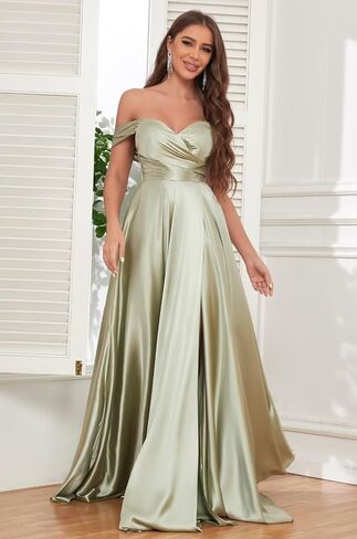 Women's Off Shoulder Bridesmaid Dresses for Wedding Satin Prom Dress Long Formal Gown with Slit in Saudi Arabia