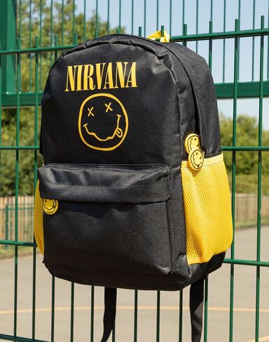 Nirvana Unisex Black Logo Backpack | Durable Fabric with Front Pocket & Side Mesh Pockets Bag Music Band Merch in Saudi Arabia