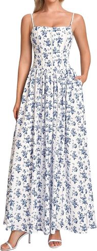 Women Floral Corset Maxi Dress Spaghetti Strap Lace Up Flowy A Line Wedding Guest Long Dress with Pockets in Saudi Arabia