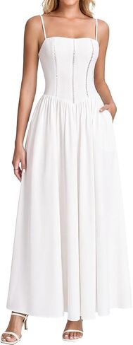 Women Floral Corset Maxi Dress Spaghetti Strap Lace Up Flowy A Line Wedding Guest Long Dress with Pockets in Kuwait