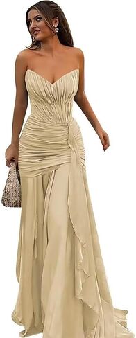 Strapless Chiffon Prom Dresses for Women Sweetheart Neck Sleeveless Pleated Ruffle Formal Evening Gown in Saudi Arabia