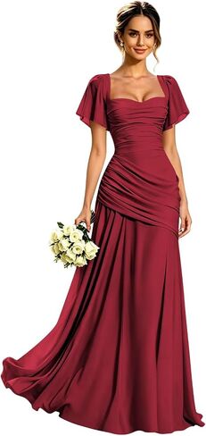 Chiffon Bridesmaid Dress with Short Sleeve Square Neck Ruched Pleated A Line Long Evening Formal Gowns for Women in Saudi Arabia