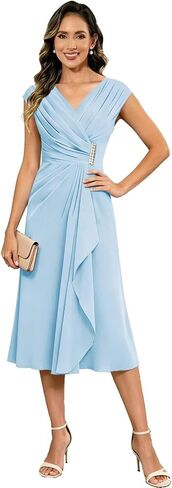 Cap Sleeves Mother of the Bride Dresses for Women Tea Length Beading Chiffon V-Neck Wedding Dresses for Guest in Kuwait