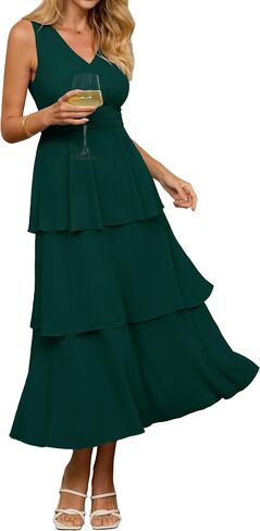 BerryGo Womens Summer Sleeveless Maxi Dress Chiffon Flowy V Neck Casual Ruffle Tiered Boho Wedding Guest Beach Long Sundress in Kuwait