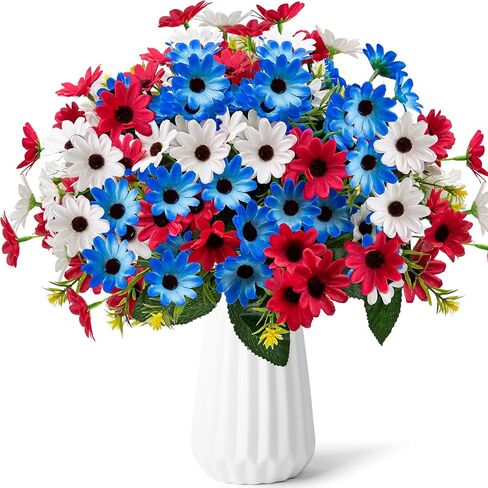 6 Bundles Red White and Blue Flowers, Artificial Daisy Flowers for Outdoor Memorial Day Flower for Cemetery Grave Independence Day Home Kitchen Party Decoration (11.42") in Kuwait