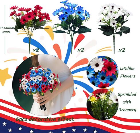 6 Bundles Red White and Blue Flowers, Artificial Daisy Flowers for Outdoor Memorial Day Flower for Cemetery Grave Independence Day Home Kitchen Party Decoration (11.42") in Kuwait