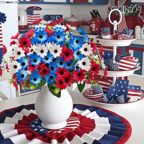 6 Bundles Red White and Blue Flowers, Artificial Daisy Flowers for Outdoor Memorial Day Flower for Cemetery Grave Independence Day Home Kitchen Party Decoration (11.42") in Kuwait
