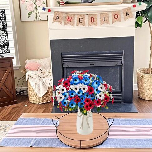 6 Bundles Red White and Blue Flowers, Artificial Daisy Flowers for Outdoor Memorial Day Flower for Cemetery Grave Independence Day Home Kitchen Party Decoration (11.42") in Kuwait