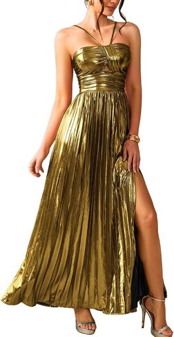 Kaei&Shi Metallic Prom Dress,Empire Waist Halter Formal Dresses for Women,Luxury Long Evening Gown Gala Party in Kuwait