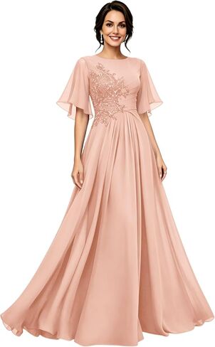 Chiffon Mother of The Bride Dresses Long A Line Short Sleeves Lace Appliques Flowy Elegant Formal Evening Dresses in Saudi Arabia