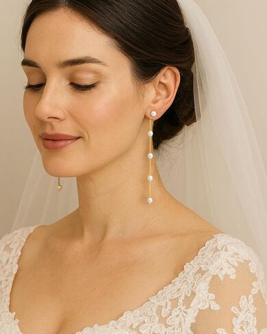 Long Pearl Earrings for Women, Gold Chain Drop Earrings Dangling with Pearl Accents, Elegant Bridal Jewelry for Wedding and Engagement in Saudi Arabia