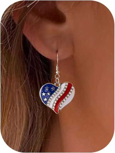 American Flag Earrings - 4th of July Patriotic Earrings Star Flower Heart Drop Dangle Earrings, Big Hoop Earring, Independence Day in Saudi Arabia