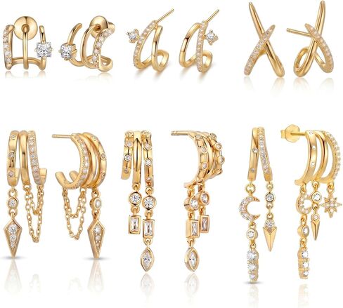6 Pairs Gold Stud Dangle Earrings for Women Triple Huggie Hoop Earrings for One Hole Stacked Earring Lightweight Wedding Earring Brides Women Trendy Jewelry Gifts in Saudi Arabia