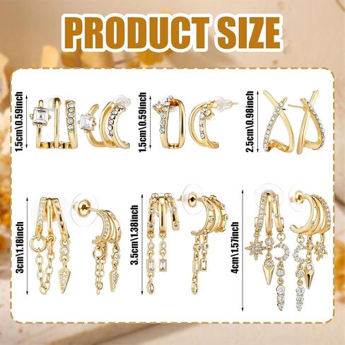 6 Pairs Gold Stud Dangle Earrings for Women Triple Huggie Hoop Earrings for One Hole Stacked Earring Lightweight Wedding Earring Brides Women Trendy Jewelry Gifts in Saudi Arabia