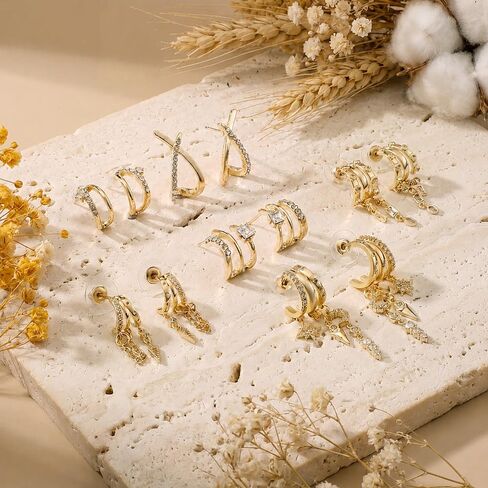 6 Pairs Gold Stud Dangle Earrings for Women Triple Huggie Hoop Earrings for One Hole Stacked Earring Lightweight Wedding Earring Brides Women Trendy Jewelry Gifts in Saudi Arabia