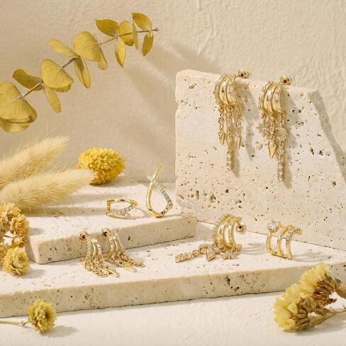 6 Pairs Gold Stud Dangle Earrings for Women Triple Huggie Hoop Earrings for One Hole Stacked Earring Lightweight Wedding Earring Brides Women Trendy Jewelry Gifts in Saudi Arabia