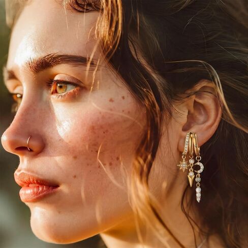 6 Pairs Gold Stud Dangle Earrings for Women Triple Huggie Hoop Earrings for One Hole Stacked Earring Lightweight Wedding Earring Brides Women Trendy Jewelry Gifts in Saudi Arabia