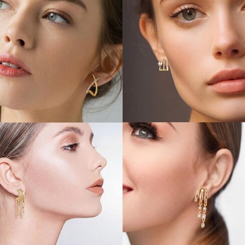 6 Pairs Gold Stud Dangle Earrings for Women Triple Huggie Hoop Earrings for One Hole Stacked Earring Lightweight Wedding Earring Brides Women Trendy Jewelry Gifts in Saudi Arabia