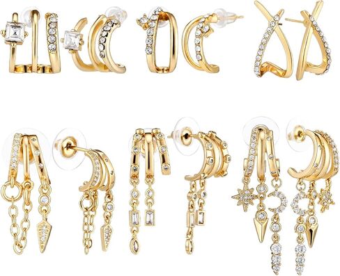 6 Pairs Gold Stud Dangle Earrings for Women Triple Huggie Hoop Earrings for One Hole Stacked Earring Lightweight Wedding Earring Brides Women Trendy Jewelry Gifts in Saudi Arabia