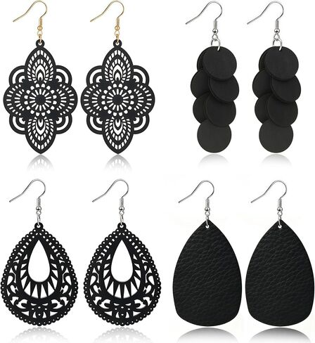 Boho Wood Dangle Earrings for Women, Lightweight Laser Cut Hollow Geometric Drop Earrings, Natural Wooden Statement Earrings for Daily Wear, Vacation & Gift in Kuwait