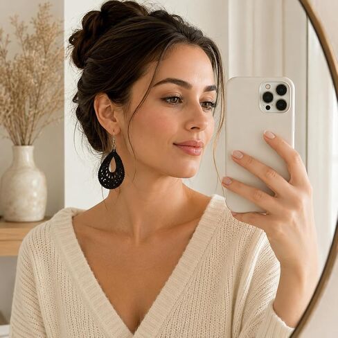 Boho Wood Dangle Earrings for Women, Lightweight Laser Cut Hollow Geometric Drop Earrings, Natural Wooden Statement Earrings for Daily Wear, Vacation & Gift in Kuwait