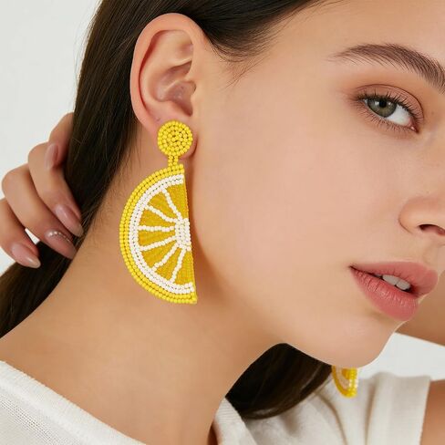 Lemon Earrings for Women, Yellow and White Beaded Fruit Earrings, Cute Lemon Slice Jewelry Gifts, Lightweight Dangle Earings Accessories in Kuwait