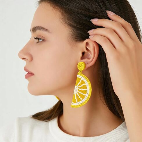 Lemon Earrings for Women, Yellow and White Beaded Fruit Earrings, Cute Lemon Slice Jewelry Gifts, Lightweight Dangle Earings Accessories in Kuwait