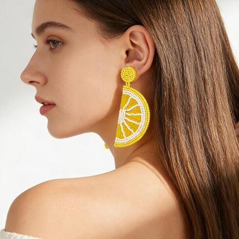 Lemon Earrings for Women, Yellow and White Beaded Fruit Earrings, Cute Lemon Slice Jewelry Gifts, Lightweight Dangle Earings Accessories in Kuwait