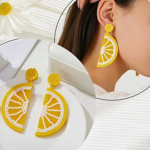 Lemon Earrings for Women, Yellow and White Beaded Fruit Earrings, Cute Lemon Slice Jewelry Gifts, Lightweight Dangle Earings Accessories in Kuwait